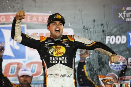 Sep 16, 2022; Bristol, Tennessee, USA; NASCAR Xfinity Series driver Noah Gragson (9) celebrates winning the Food City 300 at Bristol Motor Speedway. Mandatory Credit: Randy Sartin-USA TODAY Sports
