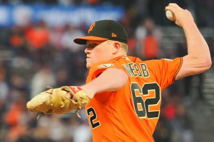 Sep 16, 2022; San Francisco, California, USA; San Francisco Giants starting pitcher Logan Webb (62) pitches the ball against the Los Angeles Dodgers during the first inning at Oracle Park. Mandatory Credit: Kelley L Cox-USA TODAY Sports