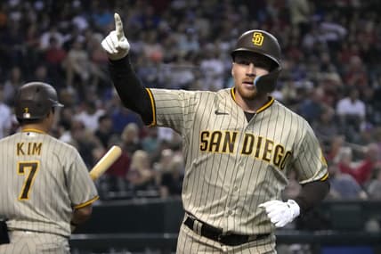 Sep 16, 2022; Phoenix, Arizona, USA; San Diego Padres first baseman Brandon Drury (17) reacts to the fans after hitting a homerun against the Arizona Diamondbacks in the fourth inning at Chase Field. Mandatory Credit: Rick Scuteri-USA TODAY Sports