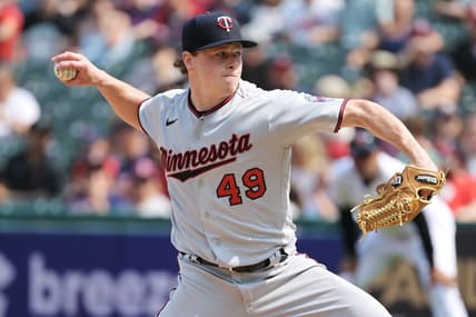 Sep 17, 2022; Cleveland, Ohio, USA; Minnesota Twins starting pitcher Louie Varland (49) throws a pitch during the first inning against the Cleveland Guardians at Progressive Field. Mandatory Credit: Ken Blaze-USA TODAY Sports