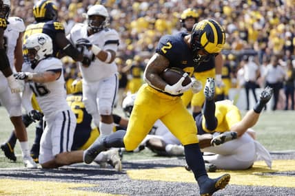 Sep 17, 2022; Ann Arbor, Michigan, USA;  Michigan Wolverines running back Blake Corum (2) rushes for a touchdown in the first half against the Connecticut Huskies at Michigan Stadium. Mandatory Credit: Rick Osentoski-USA TODAY Sports