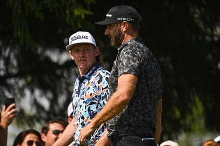 Sep 17, 2022; Chicago, Illinois, USA; Cameron Smith, left, and Dustin Johnson arrive on the the third tee during the second round of the Invitational Chicago LIV Golf tournament at Rich Harvest Farms. Mandatory Credit: Jamie Sabau-USA TODAY Sports