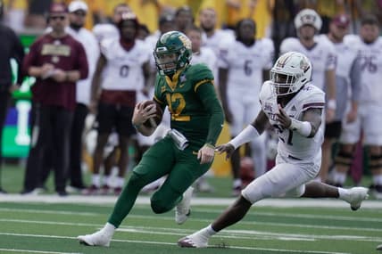 Sep 17, 2022; Waco, Texas, USA;  Baylor Bears quarterback Blake Shapen (12) is chased by Texas State Bobcats linebacker London Harris (27) during the first half at McLane Stadium. Mandatory Credit: Chris Jones-USA TODAY Sports