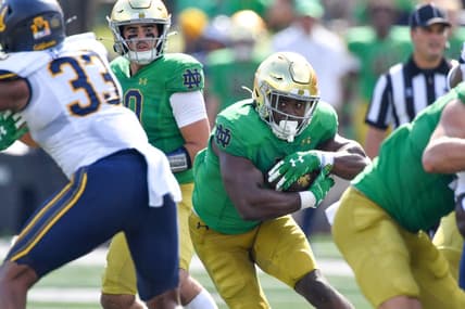 Sep 17, 2022; South Bend, Indiana, USA; Notre Dame Fighting Irish running back Audric Estime (7) runs the ball in the second quarter against the California Bears at Notre Dame Stadium. Mandatory Credit: Matt Cashore-USA TODAY Sports