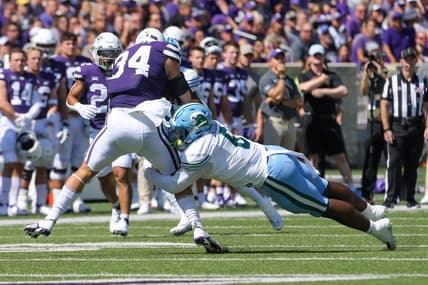 Sep 17, 2022; Manhattan, Kansas, USA; Kansas State Wildcats tight end Ben Sinnott (34) is tackled by Tulane Green Wave linebacker Darius Hodges (6) during the first quarter at Bill Snyder Family Football Stadium. Mandatory Credit: Scott Sewell-USA TODAY Sports