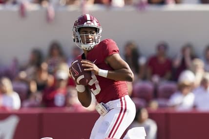 Sep 17, 2022; Tuscaloosa, Alabama, USA; Alabama Crimson Tide quarterback Bryce Young (9) looks to pass against Louisiana Monroe Warhawks at Bryant-Denny Stadium. Mandatory Credit: Marvin Gentry-USA TODAY Sports