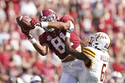 Sep 17, 2022; Tuscaloosa, Alabama, USA; Alabama Crimson Tide tight end Cameron Latu (81) catches a pass against Louisiana Monroe Warhawks safety Tavier Williams (6) at Bryant-Denny Stadium. Mandatory Credit: Marvin Gentry-USA TODAY Sports