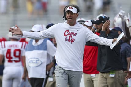 Sep 17, 2022; Atlanta, Georgia, USA; Georgia Tech Yellow Jackets head coach Lane Kiffin shows emotion against the Mississippi Rebels in the second half at Bobby Dodd Stadium. Mandatory Credit: Brett Davis-USA TODAY Sports
