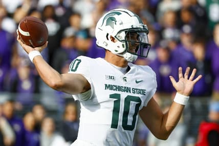 Sep 17, 2022; Seattle, Washington, USA; Michigan State Spartans quarterback Payton Thorne (10) passes against the Washington Huskies during the first quarter at Alaska Airlines Field at Husky Stadium. Mandatory Credit: Joe Nicholson-USA TODAY Sports