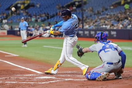 Sep 17, 2022; St. Petersburg, Florida, USA; Tampa Bay Rays shortstop Wander Franco (5) at bat during the first inning against the Texas Rangers at Tropicana Field. Mandatory Credit: Mike Watters-USA TODAY Sports