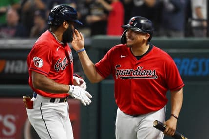 Sep 17, 2022; Cleveland, Ohio, USA; Cleveland Guardians shortstop Amed Rosario, left, celebrates with first baseman Josh Naylor after hitting a home run during the fifth inning against the Minnesota Twins at Progressive Field. Mandatory Credit: Ken Blaze-USA TODAY Sports