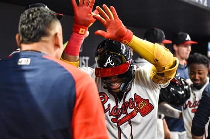 Sep 17, 2022; Cumberland, Georgia, USA; Atlanta Braves right fielder Ronald Acuna Jr. (13) celebrates after hitting a two-run home run against the Philadelphia Phillies in the third inning at Truist Park. Mandatory Credit: Larry Robinson-USA TODAY Sports
