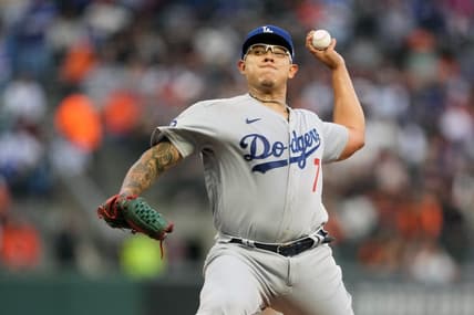 Sep 17, 2022; San Francisco, California, USA; Los Angeles Dodgers starting pitcher Julio Urias (7) throws a pitch against the San Francisco Giants during the first inning at Oracle Park. Mandatory Credit: Darren Yamashita-USA TODAY Sports