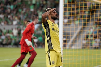 Sep 17, 2022; Austin, Texas, USA; Nashville SC midfielder Hany Mukhtar (10) reacts after scoring on a penalty kick during the second half against Austin FC at Q2 Stadium. Mandatory Credit: Scott Wachter-USA TODAY Sports