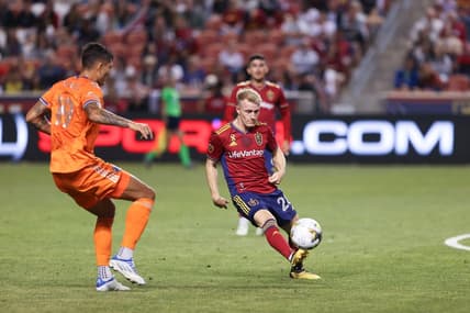 Sep 17, 2022; Sandy, Utah, USA;  Real Salt Lake defender Jasper L  effelsend (28) kicks the ball out against FC Cincinnati forward Brandon V  zquez (19) at Rio Tinto Stadium. Mandatory Credit: Melissa Majchrzak-USA TODAY Sports