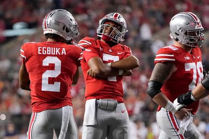 Sep 17, 2022; Columbus, Ohio, USA; Ohio State Buckeyes quarterback C.J. Stroud (7) celebrates a touchdown with wide receiver Emeka Egbuka (2) during the second half of the NCAA Division I football game against the Toledo Rockets at Ohio Stadium. Ohio State won 77-21. Mandatory Credit: Adam Cairns-The Columbus Dispatch

Ncaa Football Toledo Rockets At Ohio State Buckeyes