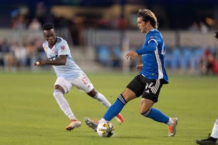 Sep 17, 2022; San Jose, California, USA;  San Jose Earthquakes forward Cade Cowell (44) controls the ball against FC Dallas forward Jader Obrian (8) during the first half at PayPal Park. Mandatory Credit: Stan Szeto-USA TODAY Sports