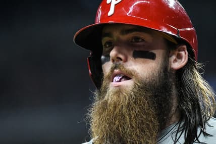 Sep 17, 2022; Cumberland, Georgia, USA; Philadelphia Phillies center fielder Brandon Marsh (16) reacts after striking out against the Atlanta Braves in the sixth inning at Truist Park. Mandatory Credit: Larry Robinson-USA TODAY Sports