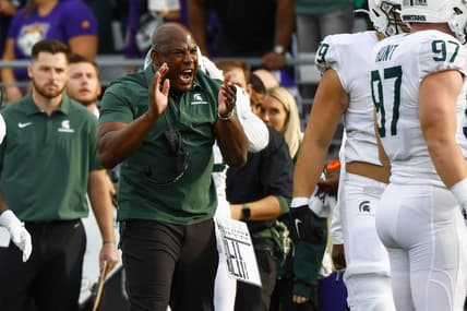 Sep 17, 2022; Seattle, Washington, USA; Michigan State Spartans head coach Mel Tucker reacts to a fourth down stop against the Washington Huskies during the first quarter at Alaska Airlines Field at Husky Stadium. Mandatory Credit: Joe Nicholson-USA TODAY Sports