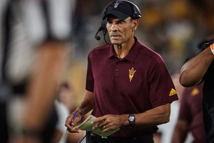 Sep 17, 2022; Tempe, Arizona, USA; Arizona State Sun Devils head coach Herm Edwards walks the sidelines as his team plays the Eastern Michigan Eagles at Sun Devil Stadium in Tempe. Mandatory Credit: Alex Gould/The Republic

Football Asu Fb