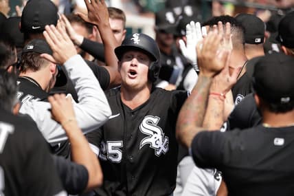 Sep 18, 2022; Detroit, Michigan, USA;  Chicago White Sox first baseman Andrew Vaughn (25) high-fives teammates after hitting a grand slam in the fifth inning of the game against the Detroit Tigers at Comerica Park. Mandatory Credit: Brian Sevald-USA TODAY Sports