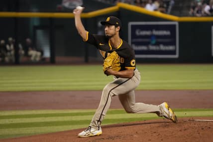 Sep 18, 2022; Phoenix, Arizona, USA; San Diego Padres starting pitcher Yu Darvish (11) pitches against the Arizona Diamondbacks during the first inning at Chase Field. Mandatory Credit: Joe Camporeale-USA TODAY Sports