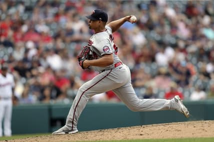 Sep 18, 2022; Cleveland, Ohio, USA; Minnesota Twins  closer Jhoan Duran (59) pitches against the Cleveland Guardians in the ninth inning at Progressive Field. Mandatory Credit: Aaron Josefczyk-USA TODAY Sports