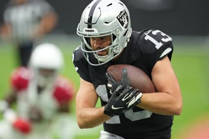 Sep 18, 2022; Paradise, Nevada, USA;Las Vegas Raiders wide receiver Hunter Renfrow (13) makes a catch against the Arizona Cardinals during a game at Allegiant Stadium. Mandatory Credit: Stephen R. Sylvanie-USA TODAY Sports