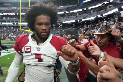 Sep 18, 2022; Paradise, Nevada, USA; Arizona Cardinals quarterback Kyler Murray (1) greets fans after the game against the Las Vegas Raiders at Allegiant Stadium. Mandatory Credit: Kirby Lee-USA TODAY Sports