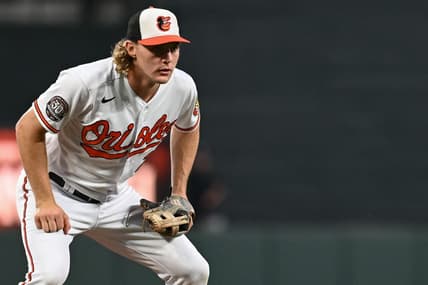 Sep 19, 2022; Baltimore, Maryland, USA;  Baltimore Orioles third baseman Gunnar Henderson (2) looks into home plate from third base during the game against the Detroit Tigers at Oriole Park at Camden Yards. Mandatory Credit: Tommy Gilligan-USA TODAY Sports