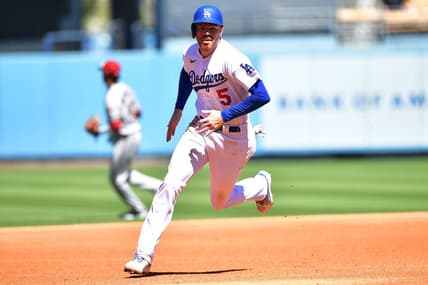 Sep 20, 2022; Los Angeles, California, USA; Los Angeles Dodgers first baseman Freddie Freeman (5) advances to third against the Arizona Diamondbacks during the third inning at Dodger Stadium. Mandatory Credit: Gary A. Vasquez-USA TODAY Sports