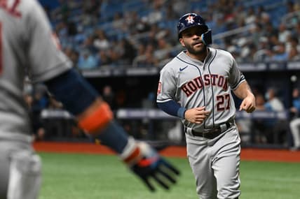 Sep 20, 2022; St. Petersburg, Florida, USA; Houston Astros second baseman Jose Altuve (27) scores a run in the fifth inning against the Tampa Bay Rays at Tropicana Field. Mandatory Credit: Jonathan Dyer-USA TODAY Sports