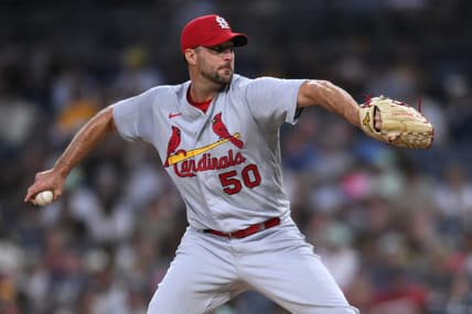Sep 20, 2022; San Diego, California, USA; St. Louis Cardinals starting pitcher Adam Wainwright (50) throws a pitch against the San Diego Padres during the first inning at Petco Park. Mandatory Credit: Orlando Ramirez-USA TODAY Sports