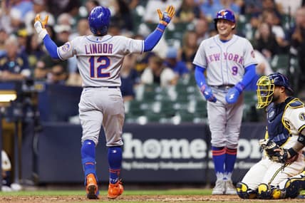 Sep 20, 2022; Milwaukee, Wisconsin, USA;  New York Mets shortstop Francisco Lindor (12) celebrates after hitting a grand slam home run during the seventh inning against the Milwaukee Brewers at American Family Field. Mandatory Credit: Jeff Hanisch-USA TODAY Sports