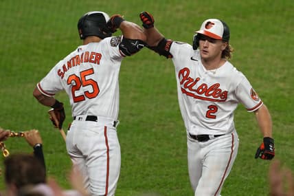 Sep 20, 2022; Baltimore, Maryland, USA; Baltimore Orioles third baseman Gunnar Henderson (2) greeted by outfielder Anthony Santander (25) after his two-run home run in the seventh inning against the Detroit Tigers at Oriole Park at Camden Yards. Mandatory Credit: Mitch Stringer-USA TODAY Sports