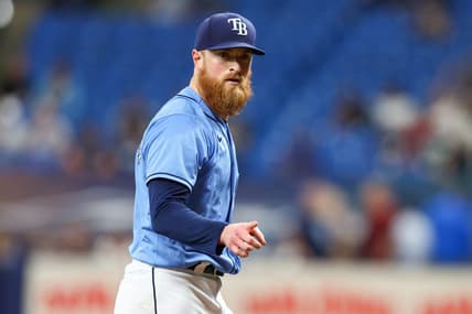 Sep 19, 2022; St. Petersburg, Florida, USA;  Tampa Bay Rays starting pitcher Drew Rasmussen (57) walks off the field after pitching against the Houston Astros in the first inning at Tropicana Field. Mandatory Credit: Nathan Ray Seebeck-USA TODAY Sports