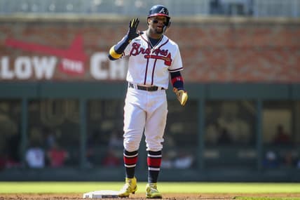 Sep 21, 2022; Atlanta, Georgia, USA; Atlanta Braves right fielder Ronald Acuna Jr. (13) on second base against the Washington Nationals in the first inning at Truist Park. Mandatory Credit: Brett Davis-USA TODAY Sports