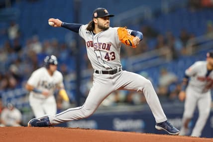 Sep 21, 2022; St. Petersburg, Florida, USA;  Houston Astros starting pitcher Lance McCullers Jr. (43) throws a pitch against the Tampa Bay Rays in the first inning at Tropicana Field. Mandatory Credit: Nathan Ray Seebeck-USA TODAY Sports