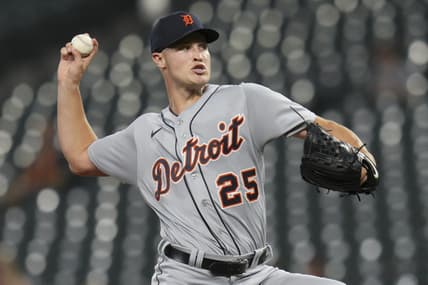 Sep 21, 2022; Baltimore, Maryland, USA; Detroit Tigers starting pitcher Matt Manning (25) throws to the Baltimore Orioles during the first inning at Oriole Park at Camden Yards. Mandatory Credit: Jessica Rapfogel-USA TODAY Sports