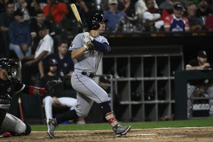 Sep 21, 2022; Chicago, Illinois, USA; Cleveland Guardians right fielder Will Brennan (63) hits an RBI single against the Chicago White Sox during the third inning at Guaranteed Rate Field. Mandatory Credit: Matt Marton-USA TODAY Sports