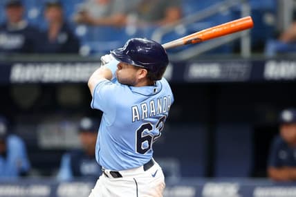 Sep 22, 2022; St. Petersburg, Florida, USA;  Tampa Bay Rays third baseman Jonathan Aranda (62) hits a home run against the Toronto Blue Jays  in the first inning at Tropicana Field. Mandatory Credit: Nathan Ray Seebeck-USA TODAY Sports