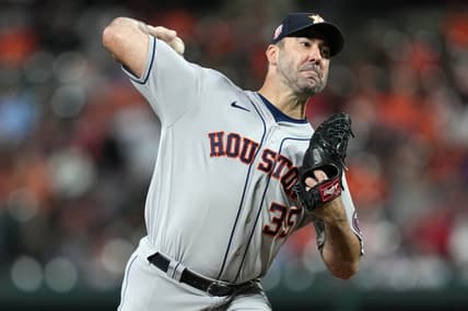 Sep 22, 2022; Baltimore, Maryland, USA; Houston Astros pitcher Justin Verlander (35) delivers in the first inning against the Baltimore Orioles at Oriole Park at Camden Yards. Mandatory Credit: Mitch Stringer-USA TODAY Sports
