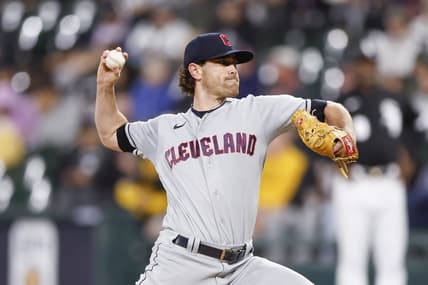 Sep 22, 2022; Chicago, Illinois, USA; Cleveland Guardians starting pitcher Shane Bieber (57) delivers against the Chicago White Sox during the first inning at Guaranteed Rate Field. Mandatory Credit: Kamil Krzaczynski-USA TODAY Sports