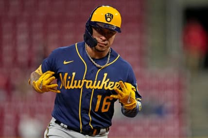 Milwaukee Brewers second baseman Kolten Wong (16) runs the bases on his third home run of the night in the eighth inning of the MLB National game between the Cincinnati Reds and the Milwaukee Brewers at Great American Ball Park in downtown Cincinnati on Thursday, Sept. 22, 2022.

Milwaukee Brewers At Cincinnati Reds