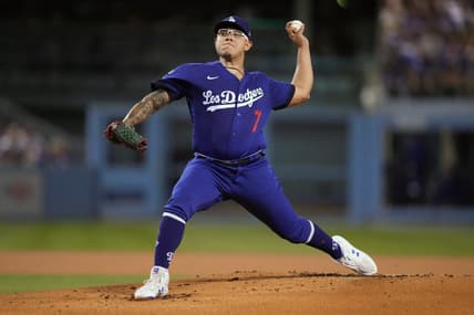 Sep 22, 2022; Los Angeles, California, USA; Los Angeles Dodgers starting pitcher Julio Urias (7) throws in the first inning against the Arizona Diamondbacks at Dodger Stadium. Mandatory Credit: Kirby Lee-USA TODAY Sports