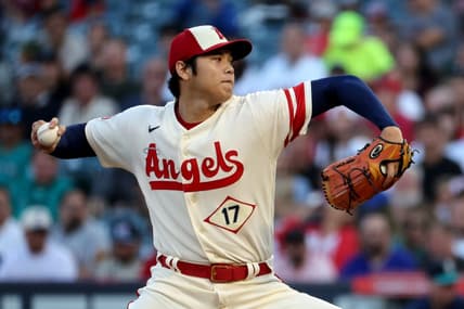 Sep 17, 2022; Anaheim, California, USA;  Los Angeles Angels two-way player Shohei Ohtani (17) pitches during the first inning against the Seattle Mariners at Angel Stadium. Mandatory Credit: Kiyoshi Mio-USA TODAY Sports