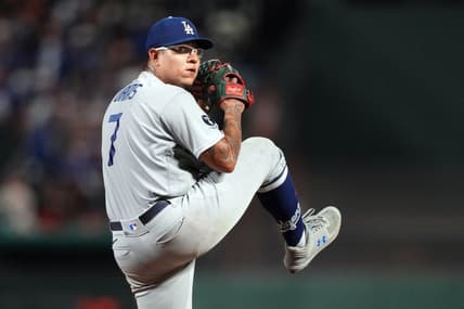 Sep 17, 2022; San Francisco, California, USA; Los Angeles Dodgers starting pitcher Julio Urias (7) throws a pitch against the San Francisco Giants during the fifth inning at Oracle Park. Mandatory Credit: Darren Yamashita-USA TODAY Sports