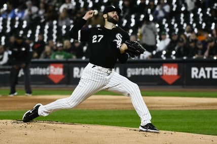 Sep 23, 2022; Chicago, Illinois, USA; Chicago White Sox starting pitcher Lucas Giolito (27) delivers against the Detroit Tigers during the first inning at Guaranteed Rate Field. Mandatory Credit: Matt Marton-USA TODAY Sports