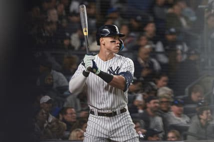 Sep 23, 2022; Bronx, New York, USA; New York Yankees center fielder Aaron Judge (99) looks on from the on-deck circle during the seventh inning against the Boston Red Sox at Yankee Stadium. Mandatory Credit: Vincent Carchietta-USA TODAY Sports