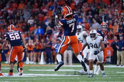 Sep 23, 2022; Syracuse, New York, USA; Syracuse Orange wide receiver Devaughn Cooper (7) catches a pass against the Virginia Cavaliers during the second half at JMA Wireless Dome. Mandatory Credit: Gregory Fisher-USA TODAY Sports